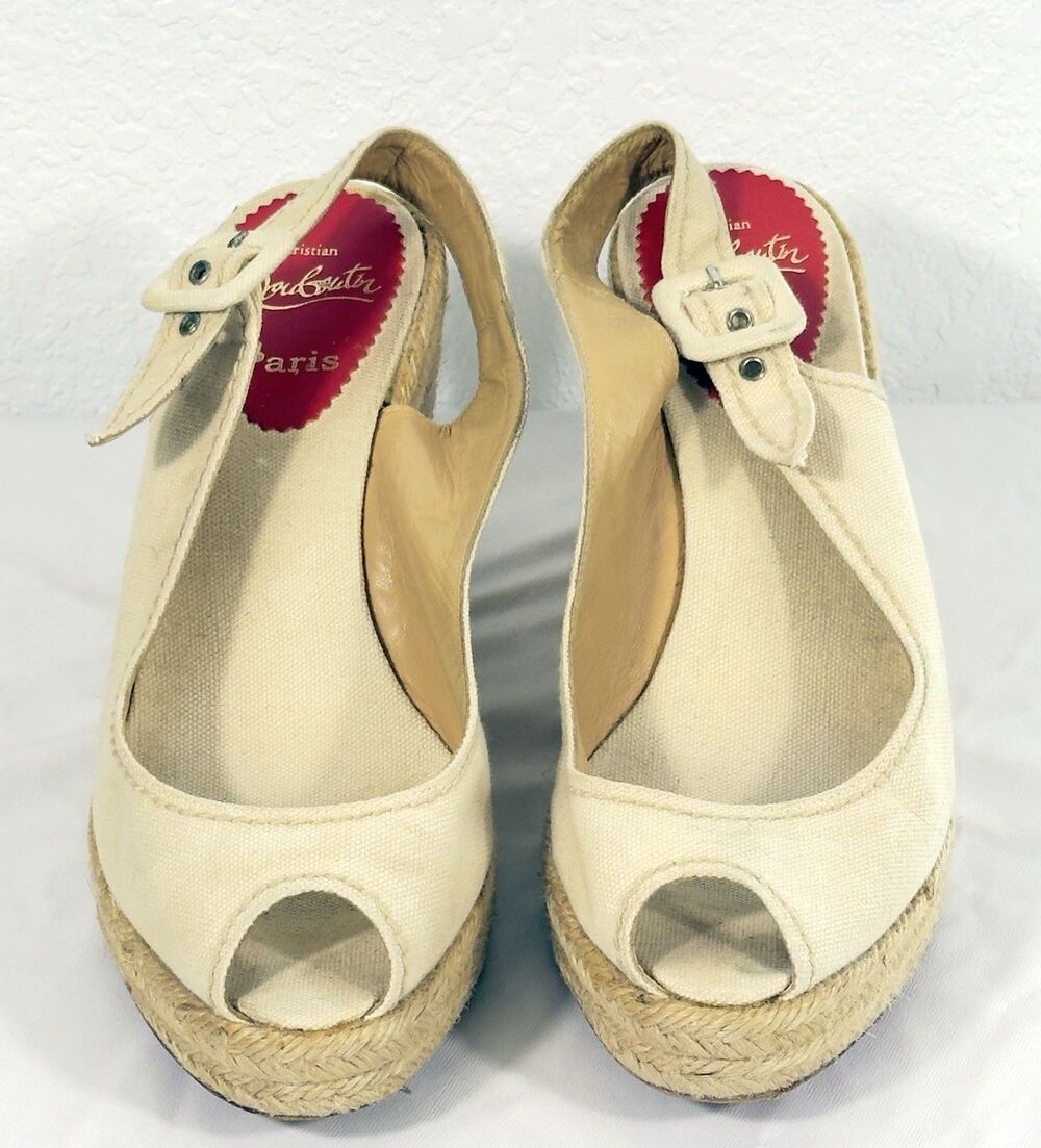 Christian Louboutin Menorca Espadrille Wedge Slingback Peep Toe Canvas EU 39